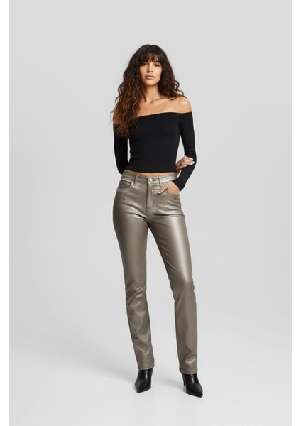 Kadın Yüksek Bel Parlak Mum Kumaş Straight Fit Jean Pantolon