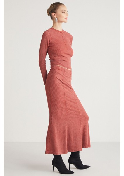 Catelıne Kadın Slim Fit Beli Lastikli Midi Boy Kiremit Rengi Etek fırsatları