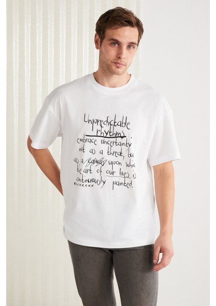 MARIONA Erkek %100 Pamuk Önü Baskılı Kısa Kollu Bisiklet Yaka Oversize Beyaz T-Shirt