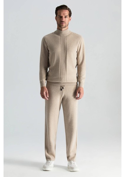 Kaşmir Merino Yün Karışım M Logo Desenli Yarım Balıkçı Yaka Açık Bej Kazak