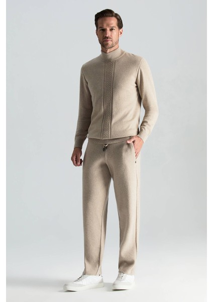 Kaşmir Merino Yün Karışım M Logo Desenli Yarım Balıkçı Yaka Açık Bej Kazak fiyatları