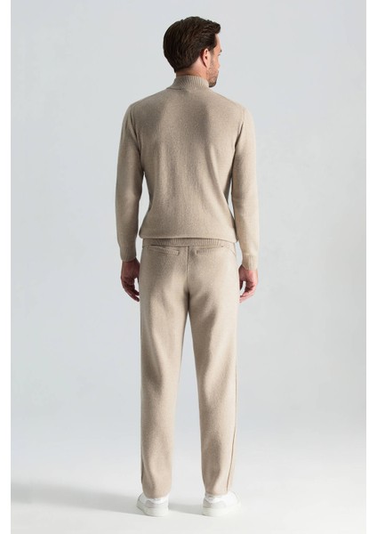 Kaşmir Merino Yün Karışım M Logo Desenli Yarım Balıkçı Yaka Açık Bej Kazak fırsatları