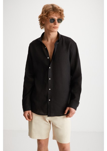 Brıce Erkek %100 Keten Kumaşlı Dökümlü Siyah Gömlek