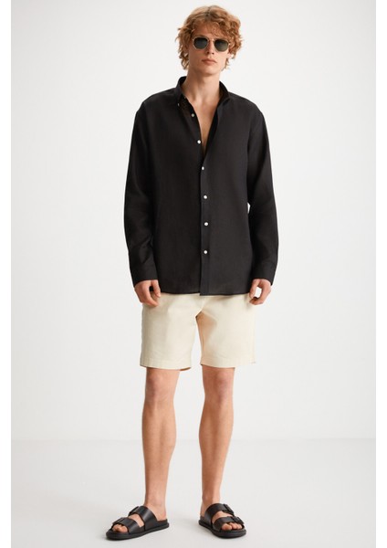 Brıce Erkek %100 Keten Kumaşlı Dökümlü Siyah Gömlek fiyatları