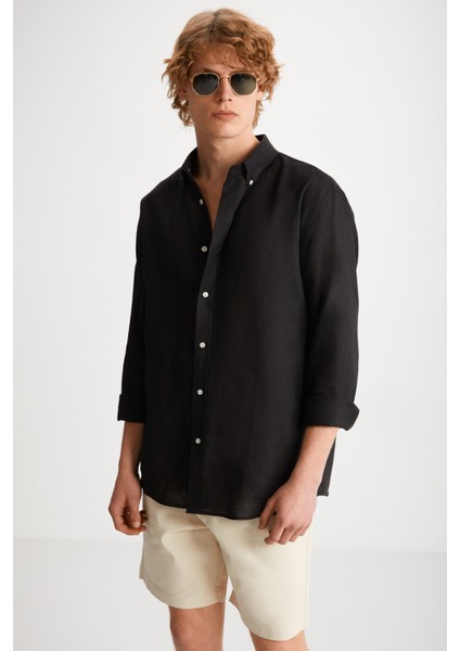 Brıce Erkek %100 Keten Kumaşlı Dökümlü Siyah Gömlek modelleri