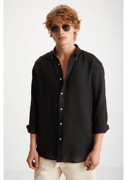 Brıce Erkek %100 Keten Kumaşlı Dökümlü Siyah Gömlek fırsatları