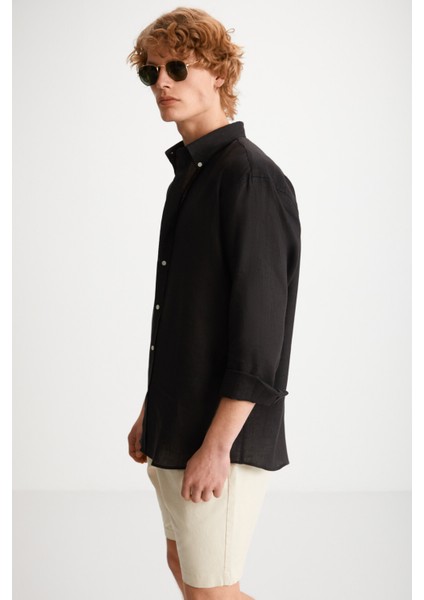Brıce Erkek %100 Keten Kumaşlı Dökümlü Siyah Gömlek indirimleri