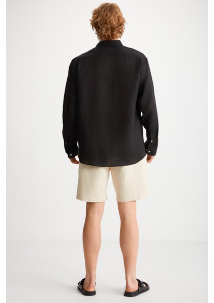 Brıce Erkek %100 Keten Kumaşlı Dökümlü Siyah Gömlek