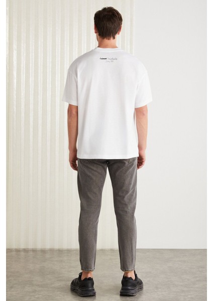 MARIONA Erkek %100 Pamuk Önü Baskılı Kısa Kollu Bisiklet Yaka Oversize Beyaz T-Shirt