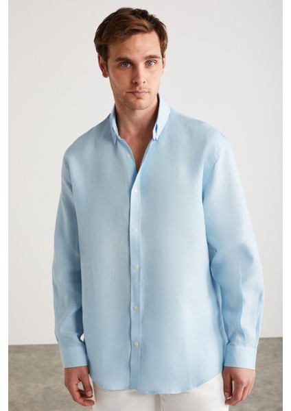 Brıce Erkek %100 Keten Kumaşlı Dökümlü Açık Mavi Gömlek