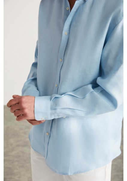 Brıce Erkek %100 Keten Kumaşlı Dökümlü Açık Mavi Gömlek modelleri