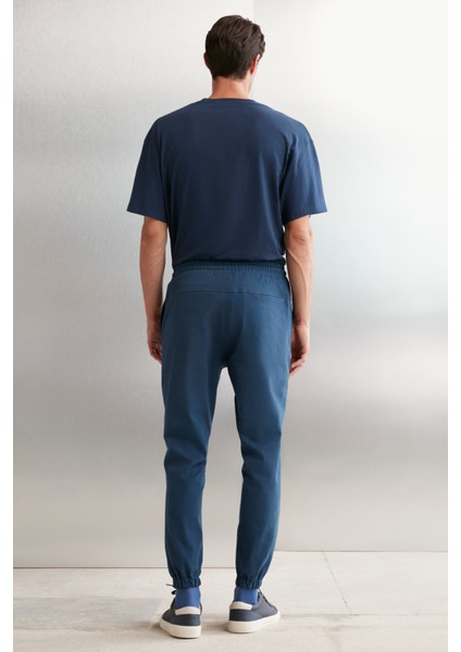 Jakob Erkek Dokuma Yıkamalı 4 Cepli Kalın Dokulu Paçası Lastikli Mavi Pantolon