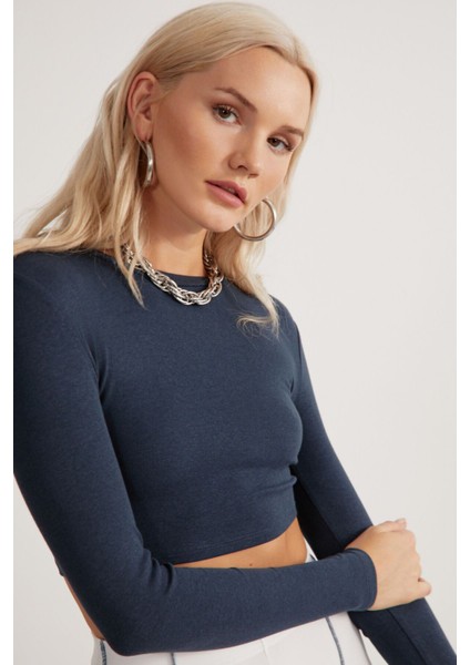 Essie Kadın Bisiklet Yaka Slim Fit Uzun Kollu Crop Petrol Mavisi Büstiyer modelleri