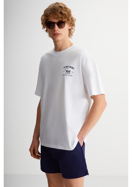 ELIO Erkek %100 Pamuk Bisiklet Yaka Kısa Kollu Baskılı Beyaz T-Shirt fırsatları