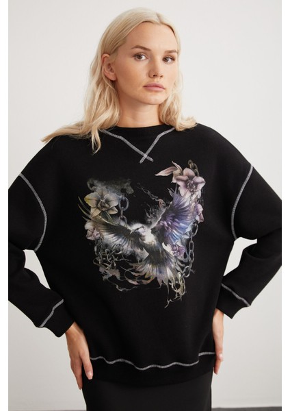 Lorna Bisiklet Yakalı Baskılı Kontrast Dikişli Şardonlu Siyah Sweatshirt indirimleri