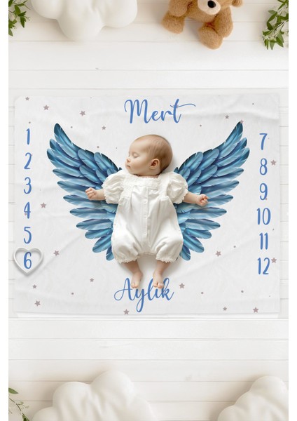 %100 Pamuk Isme Özel Bebek Fotoğraf Çekim Anı Örtüsü (120X100 Cm) Mavi Kanat