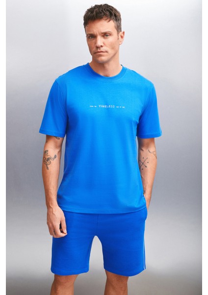 KINGSLEY Erkek %100 Pamuk Baskılı Kısa Kollu Regular Fit Saks Mavi T-Shirt