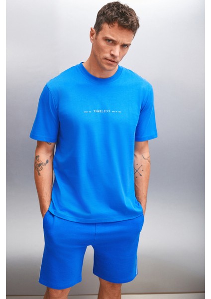 KINGSLEY Erkek %100 Pamuk Baskılı Kısa Kollu Regular Fit Saks Mavi T-Shirt modelleri