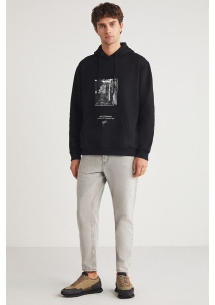 TORONTO Erkek Kapüşonlu %100 Pamuk Baskı Detaylı Siyah Sweatshirt