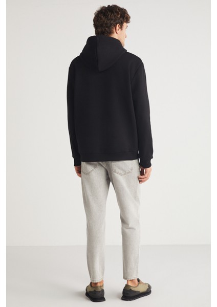 TORONTO Erkek Kapüşonlu %100 Pamuk Baskı Detaylı Siyah Sweatshirt