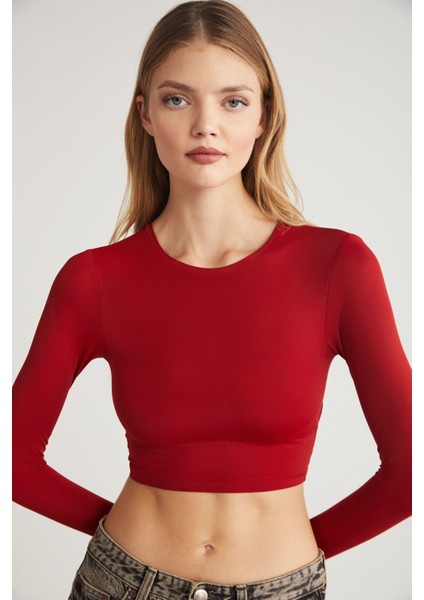 JOVANA Kadın Bisiklet Yaka Esnek Uzun Kollu Crop Kırmızı Bluz