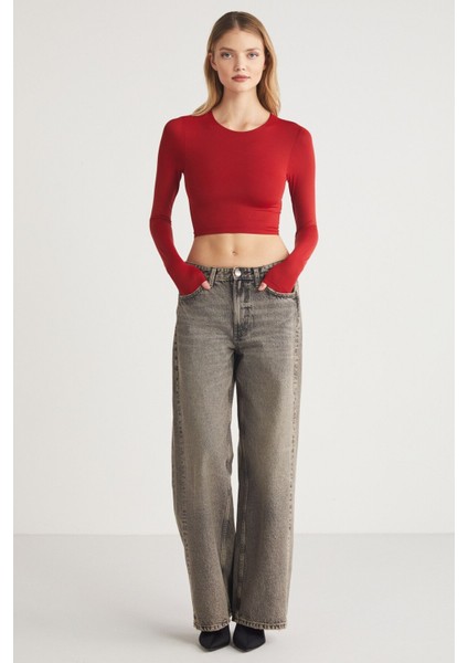 JOVANA Kadın Bisiklet Yaka Esnek Uzun Kollu Crop Kırmızı Bluz modelleri