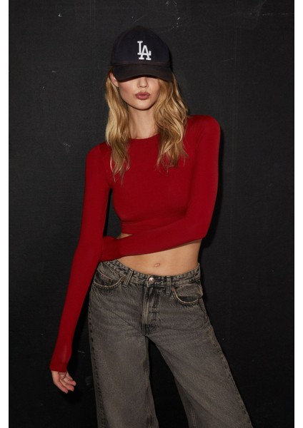 JOVANA Kadın Bisiklet Yaka Esnek Uzun Kollu Crop Kırmızı Bluz fırsatları