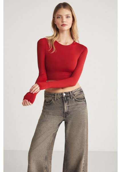 JOVANA Kadın Bisiklet Yaka Esnek Uzun Kollu Crop Kırmızı Bluz indirimleri
