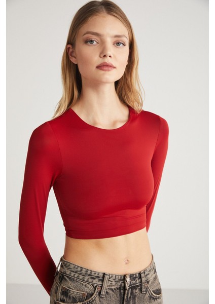 JOVANA Kadın Bisiklet Yaka Esnek Uzun Kollu Crop Kırmızı Bluz