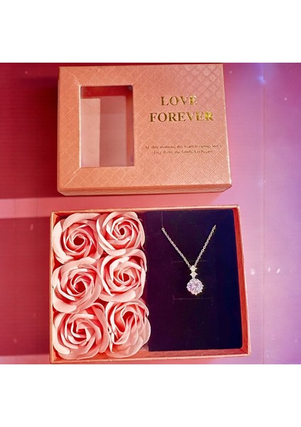 Kişiye Özel Solmayan Gül Sonsuz Love Forever Hediye Kutusunda 925 ayar Tektaşlı Kolye
