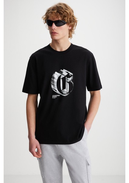 ELIJAH Baskılı Bisiklet Yaka %100 Pamuk Siyah T-Shirt