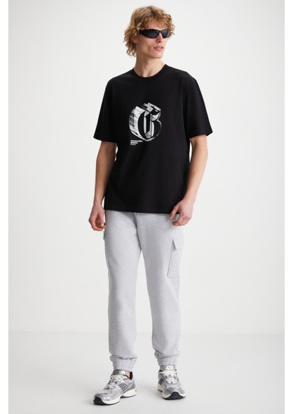 ELIJAH Baskılı Bisiklet Yaka %100 Pamuk Siyah T-Shirt fiyatları