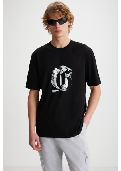 ELIJAH Baskılı Bisiklet Yaka %100 Pamuk Siyah T-Shirt modelleri