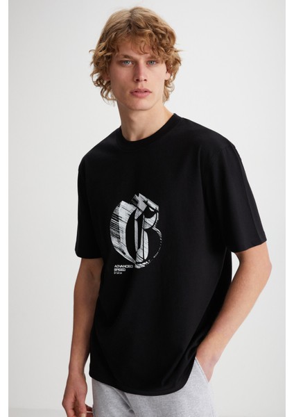 ELIJAH Baskılı Bisiklet Yaka %100 Pamuk Siyah T-Shirt fırsatları