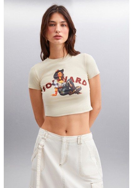 Ice Kadın Crop Baskı Detaylı Bisiklet Yaka Kısa Kollu Örme Gri T-shirt