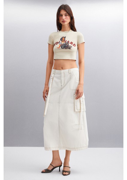 Ice Kadın Crop Baskı Detaylı Bisiklet Yaka Kısa Kollu Örme Gri T-shirt fiyatları