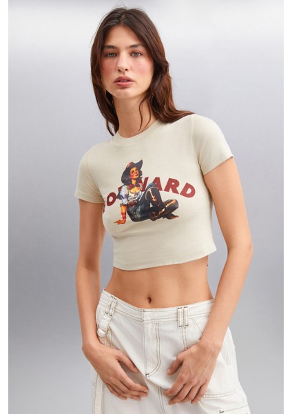 Ice Kadın Crop Baskı Detaylı Bisiklet Yaka Kısa Kollu Örme Gri T-shirt modelleri