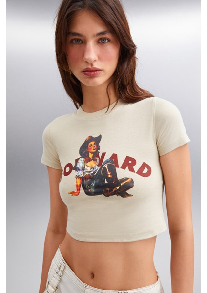 Ice Kadın Crop Baskı Detaylı Bisiklet Yaka Kısa Kollu Örme Gri T-shirt fırsatları