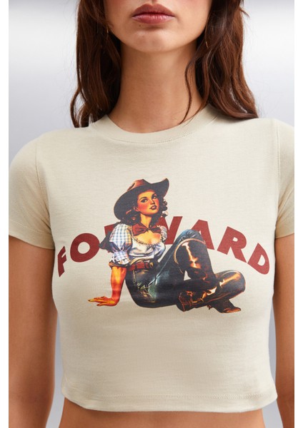 Ice Kadın Crop Baskı Detaylı Bisiklet Yaka Kısa Kollu Örme Gri T-shirt indirimleri