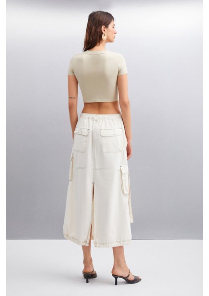 Ice Kadın Crop Baskı Detaylı Bisiklet Yaka Kısa Kollu Örme Gri T-shirt