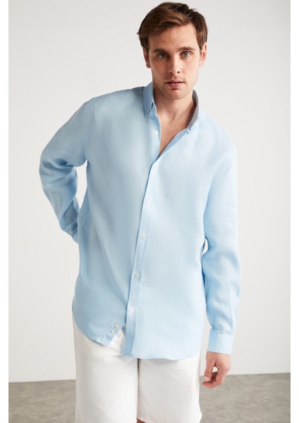 Brıce Erkek %100 Keten Kumaşlı Dökümlü Açık Mavi Gömlek fırsatları