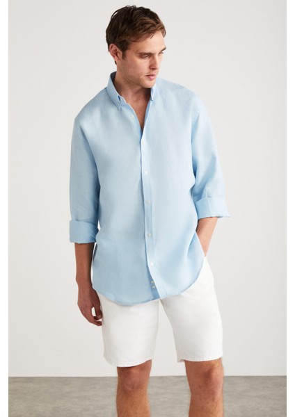 Brıce Erkek %100 Keten Kumaşlı Dökümlü Açık Mavi Gömlek