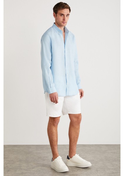 Brıce Erkek %100 Keten Kumaşlı Dökümlü Açık Mavi Gömlek