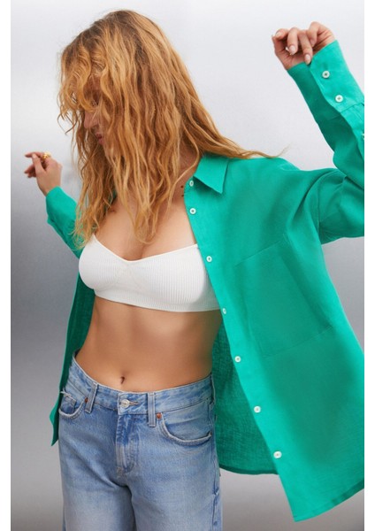 Gaıa Kadın Oversize Kalıp %100 Keten Uzun Kollu Tek Cepli Yeşil Gömlek modelleri