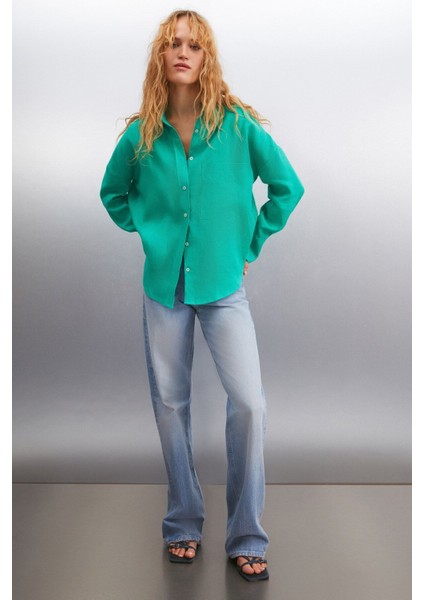 Gaıa Kadın Oversize Kalıp %100 Keten Uzun Kollu Tek Cepli Yeşil Gömlek indirimleri