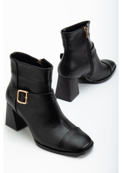 Kadın Siyah Küt Burun Tokalı Topuklu Bot modelleri