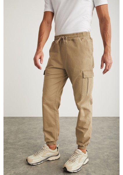 Cargo Erkek Dokuma Kargo Cepli Beli Ve Paçası Lastikli Bej Pantolon