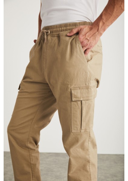 Cargo Erkek Dokuma Kargo Cepli Beli Ve Paçası Lastikli Bej Pantolon
