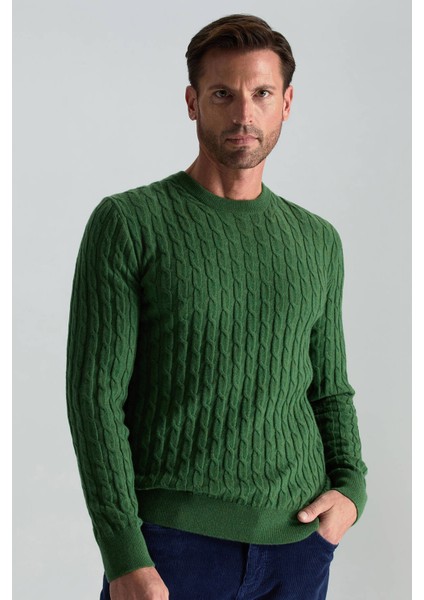 Lambswool Yün Saç Örgü Desenli Bisiklet Yaka Yeşil Kazak