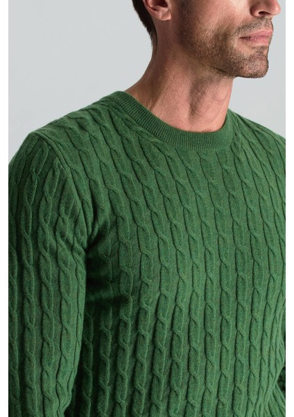 Lambswool Yün Saç Örgü Desenli Bisiklet Yaka Yeşil Kazak modelleri